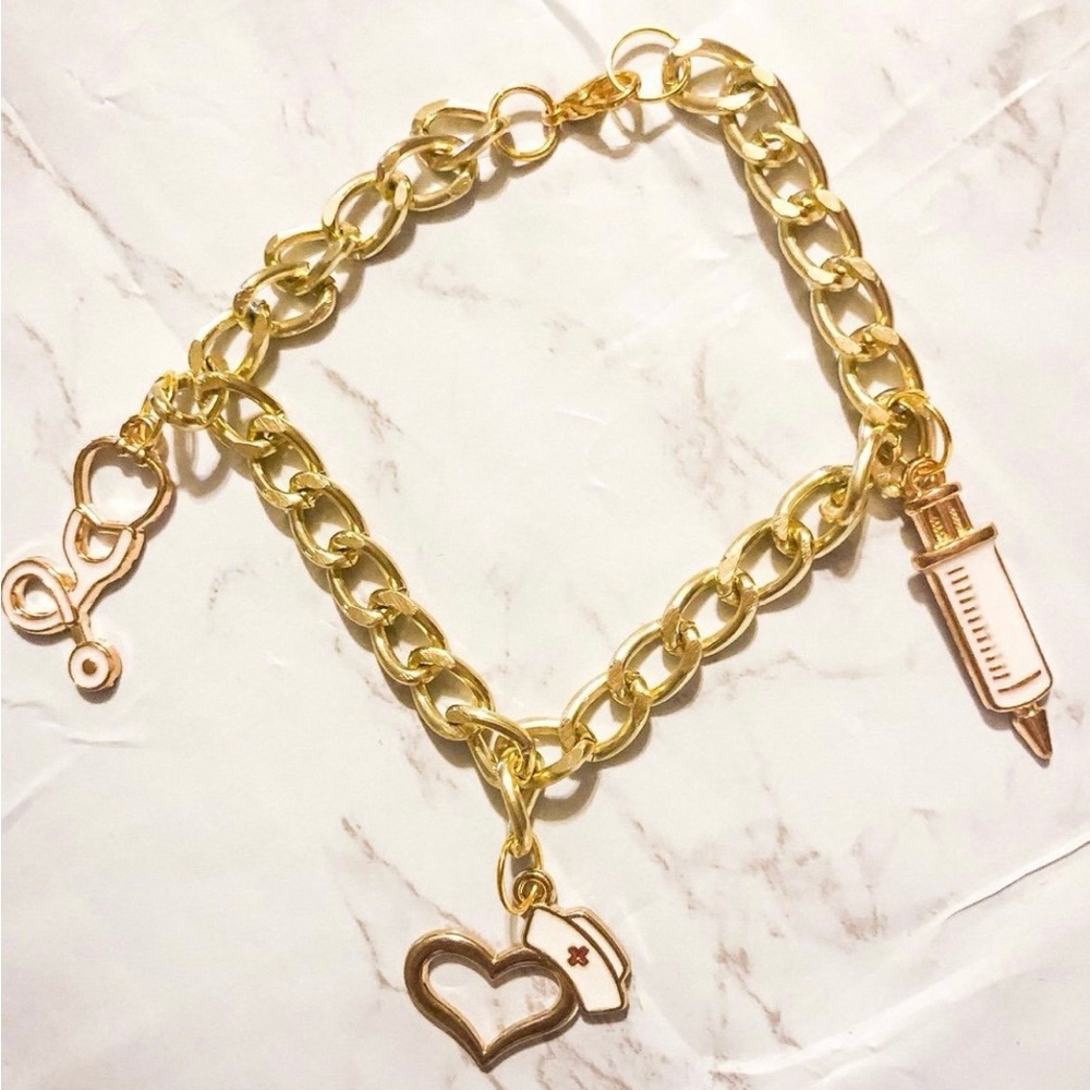 Nurse Themed Gold Charm Bracelet